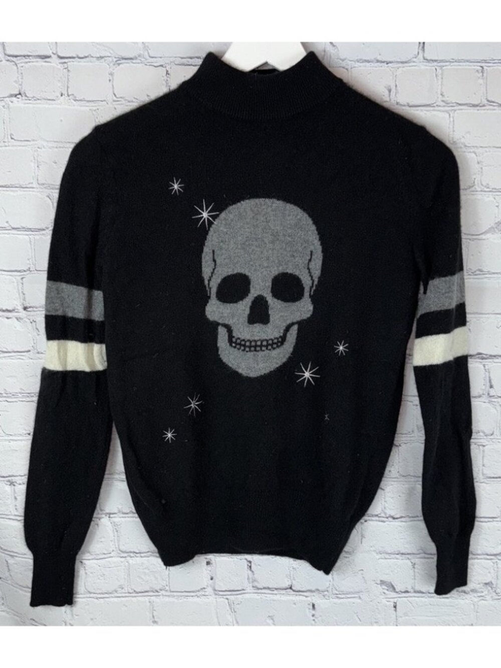 27 MILES 100% Cashmere Black Skull Crew Neck Pullover Sweater Size XS